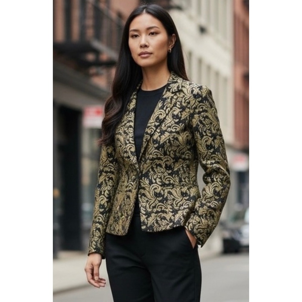 Andre Oliver Women's‎ Jacquard Blazer Black Gold Floral Single Button Size 10